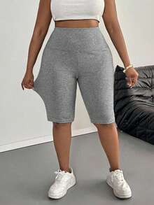 SHEIN PETITE CURVE Plus Size Women Casual Solid Color Leggings, Suitable For Summer - Light Grey - View 6