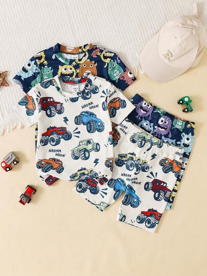 SHEIN 4pcs Young Boys Pajamas Set, Casual Minimalist Racing Car & Letter Graphic, Comfortable Tight-Fitting Round Neck Short Sleeve Shorts, Suitable For All Seasons
