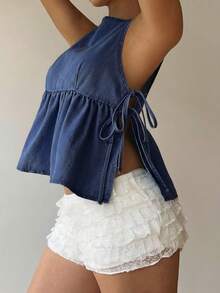 Siren Gaze 夏季女士休闲侧系带牛仔吊带背心 - 藍色 - 查看 3