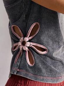 Bohemela Áo thun ngắn tay cổ chữ V phối màu thường ngày dành cho nữ - màu đen - Xem 5