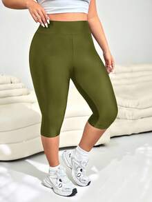 SHEIN EZwear Plus Size Summer Soft 3/4 Leggings, Military Green - Army Green - View 3