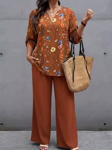 Breezaya Conjunto de 2 piezas de talla grande con estampado aleatorio, cuello con muesca holgado, estilo vintage, para verano - Multicolor - Ver 3