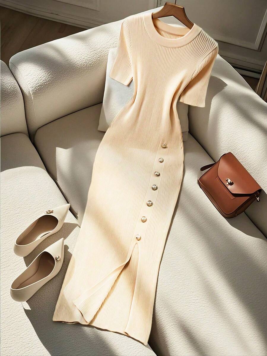 Franclia Women's Elegant Fitted Round Neck Short Sleeve Slit Decorative Button Knit Dress, Summer - Khaki - View 1