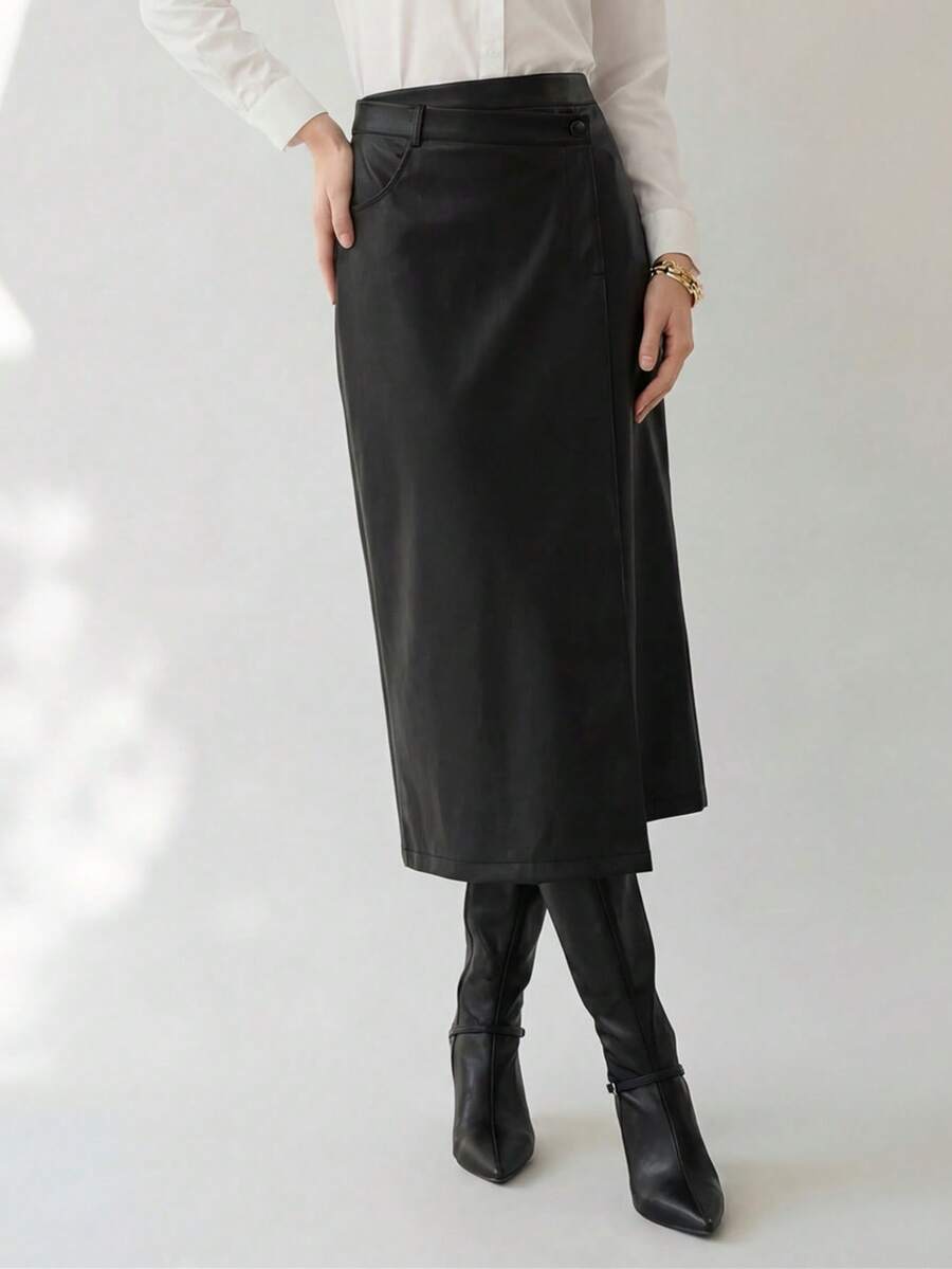 Uhlyne 女式全新 PU 皮革裹身不对称中长裙 - 黑色 - 查看 1