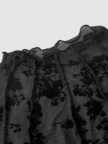 SHEIN MOD Áo thun ngắn tay cổ cao in họa tiết nhung - màu đen - Xem 4