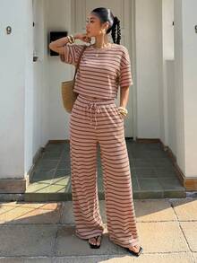 Muchica Women's Summer New Textured Dusty Pink Stripe Loose Short Sleeve T-Shirt And Pants Set, Casual Vacation Outfits 2 Pieces Set Loungewear Brunch Travel - Pink - View 3