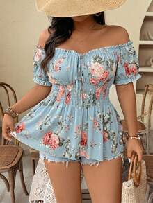Weeklong Spring/Summer New Plus Size Women's Off-Shoulder Cinched Waist Floral Print Elegant Fashionable Blouse, Suitable For Dates, Travel, Etc. - Baby Blue - View 1