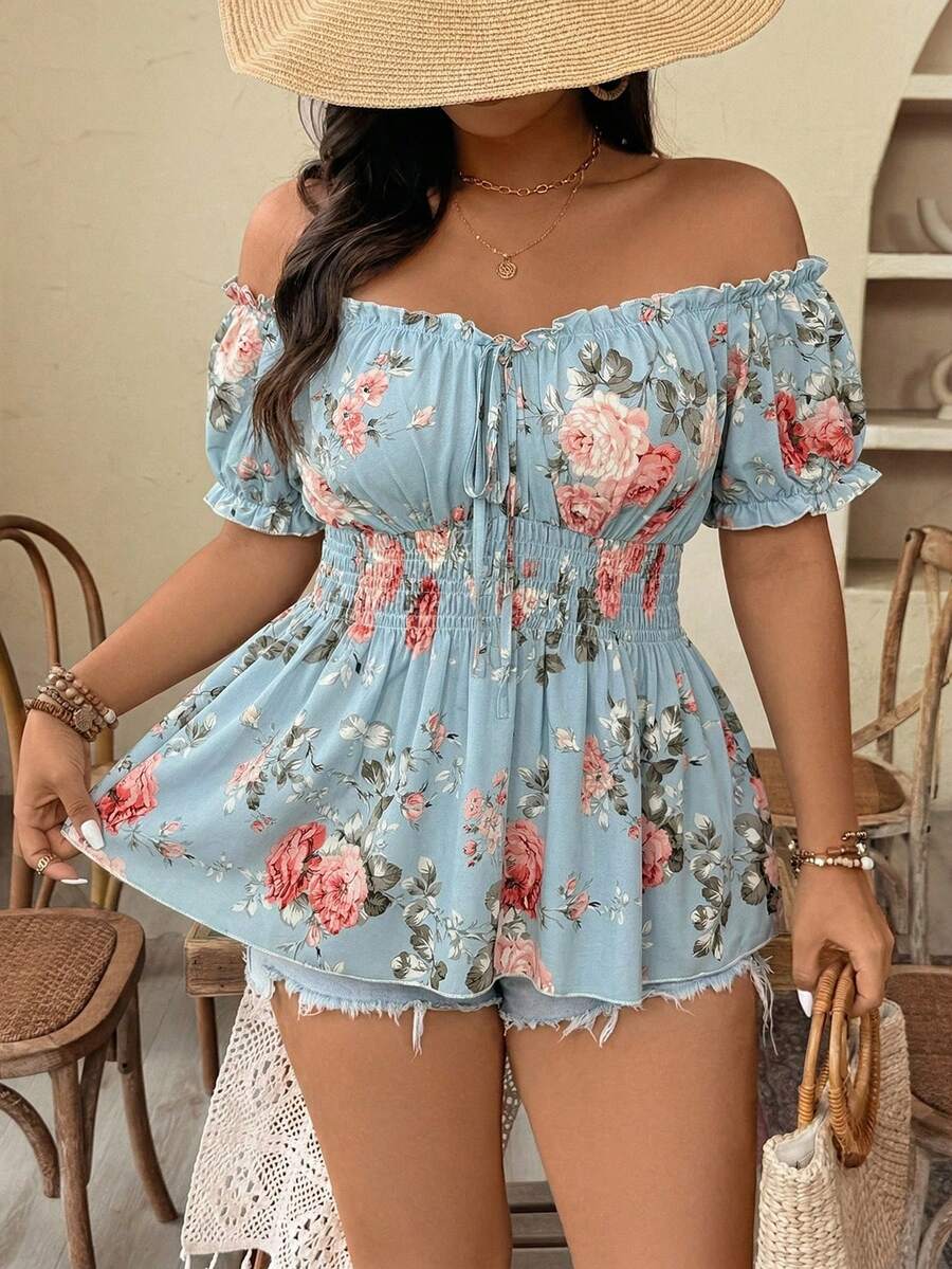 Weeklong Spring/Summer New Plus Size Women's Off-Shoulder Cinched Waist Floral Print Elegant Fashionable Blouse, Suitable For Dates, Travel, Etc. - Baby Blue - View 1