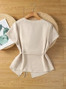 GlowEve Women's Solid Color Lace-Up Casual Versatile Daily Wear Shirt - Apricot - View 2
