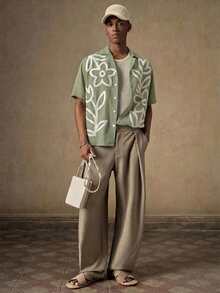AKNOTIC Business Casual 男士淺綠色酪梨綠刺繡花卉休閒寬鬆短袖襯衫，適合年輕人、日常穿著、外出、旅行、送男友、老師、度假、父親節禮物 - 軍綠色 - 查看 3