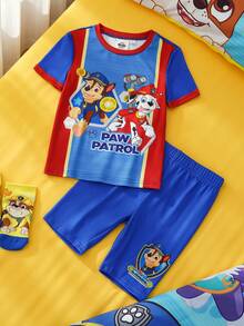 SHEIN | PAW Patrol Ensemble pyjama avec Top à manches courtes col rond et short, imprimé de dessins animés et colorblocking, pour jeune garçon - Bleu azur - Voir 1