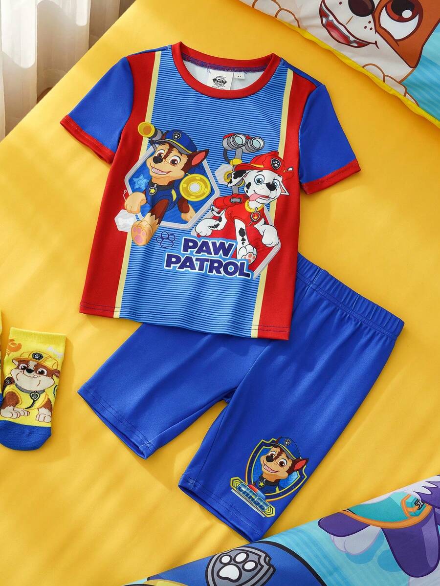 SHEIN | PAW Patrol Ensemble pyjama avec Top à manches courtes col rond et short, imprimé de dessins animés et colorblocking, pour jeune garçon - Bleu azur - Voir 1