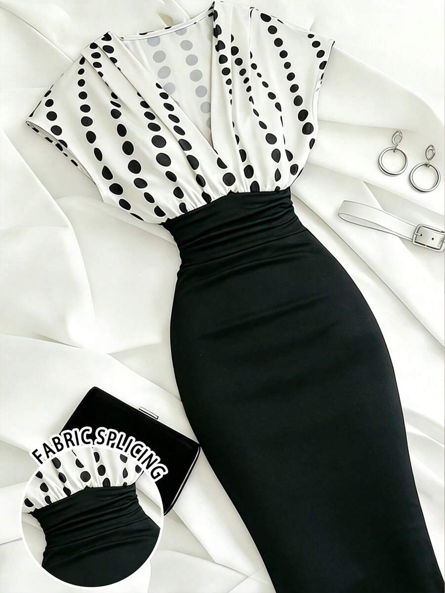 Airaco Women's Elegant Polka Dot Print V-Neck Patchwork Dress, Summer - Multicolor - View 1