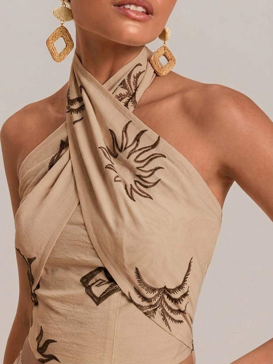 Travachic 女士波西米亚风刺绣露背吊带衫 - 卡其色 - 查看 1