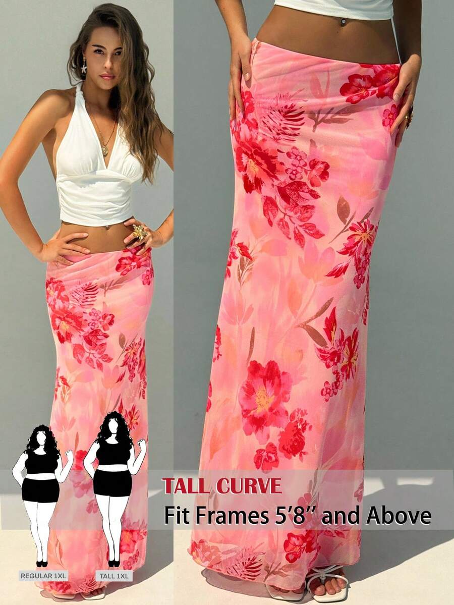 SHEIN Tall CURVE 大尺碼女款高個花卉夏季波希米亞風海灘度假 Y2K 高腰優雅長裙,適合派對、婚禮賓客、度假 - 粉色 - 查看 1
