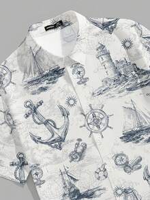 VIVINTIMO Plus Size Men's Anchor & Nautical Print Casual Shirt, Suitable For Daily Wear, Vacation And Travel, Holiday - Multicolor - View 4