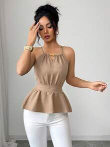 Elenzga Camiseta de tirantes ajustada y elegante de color verde para uso diario con decoración de cuentas de madera y diseño con cordón, para primavera/verano - Albaricoque - Ver 3