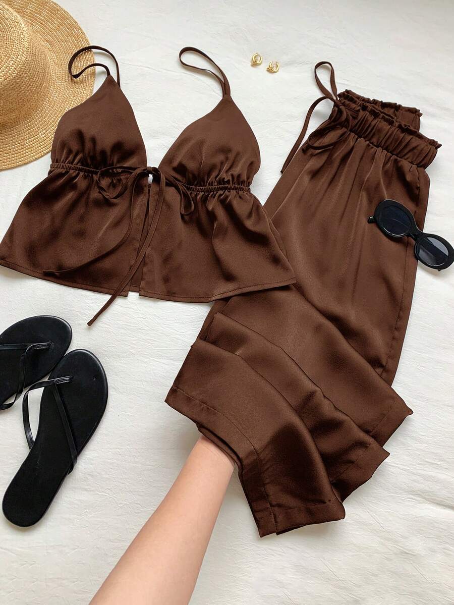 SHEIN Comfortcana Women's Brown Linen Camisole And Pants 2 Pieces Set, Summer Outfit - Brown - View 1