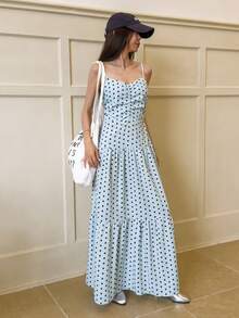 K-Vae 女士夏季浅蓝色波点吊带连衣裙，腰部褶皱设计，露背蝴蝶结设计，韩版ins风度假长裙 - 藍色 - 查看 6