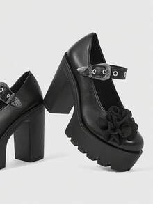 ROMWE Goth 女士高跟鞋 暗黑摇滚朋克哥特风 玛丽珍包头小号皮鞋 Y2K派对礼服鞋 一脚蹬乐福鞋 - 黑色 - 查看 5