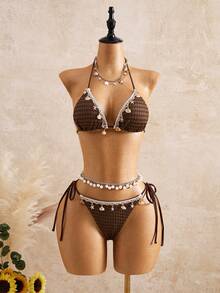 Bellisia Bộ đồ bơi nữ đi biển có mặt dây chuyền trang trí - màu nâu - Xem 3