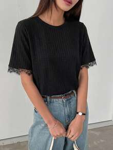 DAZY 女款夏季圓領短袖蕾絲拼接休閒套頭T恤商務休閒女裝 - 黑色 - 查看 3