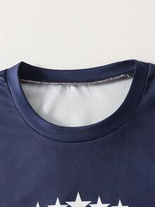 Coolqubz 2 piezas Conjunto de camiseta de manga corta y pantalones cortos de verano, tela de malla tejida con estampado numérico a rayas, estilo casual diario deportivo escolar, atuendo juvenil para uso al aire libre y en la ciudad - Azul Marino - Ver 7
