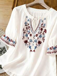 EMERY ROSE Elegant Plus Size White Shirt With Wrist Length Flounce Sleeves Boho Floral Embroidery And Notched Lace Up Design Fall - White - View 4