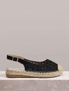 Styleloop Ladies Flat Bottom Round Toe Electric Embroidery Flower Hollow Hemp Rope Beach Leisure Holiday Sandals - Black - View 1