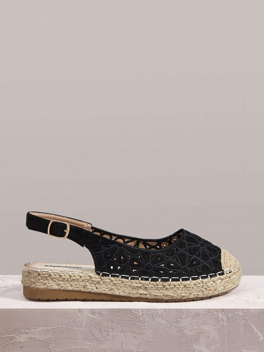 Styleloop Ladies Flat Bottom Round Toe Electric Embroidery Flower Hollow Hemp Rope Beach Leisure Holiday Sandals - Black - View 1