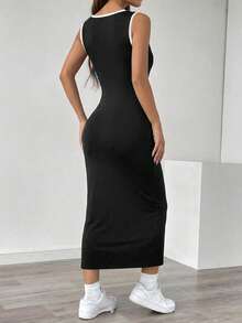 SHEIN Tall Women's Black & White Contrast V-Neck Midi Dress - Black and White - View 2