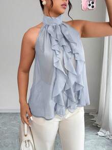 Elenzga Plus Size Women's Elegant Round Neck Ruffle Hem Blouse, Spring/Summer - Baby Blue - View 4