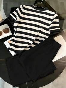 Resyla Women's Round Neck Short Sleeve Striped Casual 2 Pieces Set, Summer - Multicolor - View 2