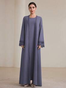 Graceveil 2pcs Women Traditional Long Dress & Abaya Coat Set Modest - Dusty Blue - View 7