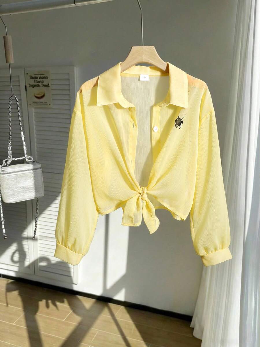 SHEIN Girls' Casual Solid Color Minimalist Collared Long Sleeve Lantern Sleeve Printed Blouse With Knotted Hem, Lightweight Summer Shirt For Everyday Wear - Yellow - View 1