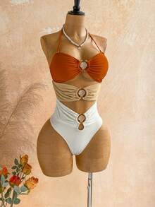 Soleia Women's Fashion Shell Metal Decor Halter Ruched One-Piece Swimsuit For Vacation Summer Beach - Multicolor - View 7
