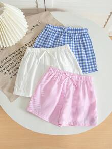 SHEIN 3件套少女梭织纯色条纹格子休闲短裤套装，三件套少女夏季短裤，少女服装，少女短裤，格子短裤，条纹短裤，柔软透气，少女弹力腰带短裤，夏季舒适日常穿着 - 彩色 - 查看 10