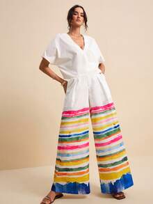 LOTSLUV Women's V-Neck Short Sleeve White T-Shirt And Blue White Striped Wide Leg Pants 2-Piece Set, Chic Summer Vacation Casual Loose Colorful Outfit Coords - Multicolor - View 6