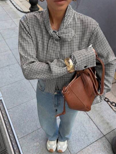 Elyressa Áo sơ mi nữ kẻ caro, kiểu dáng thường ngày, đa năng.