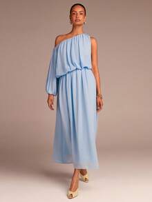COSMINA Women's Elegant Asymmetrical Neck Ruched Jumpsuit, Versatile Wide-Leg Loose Extra-Long Style For Spring, Summer, Autumn, Winter, Commute, Date, Spring Outing, Garden, Beach Vacation - Blue - View 4