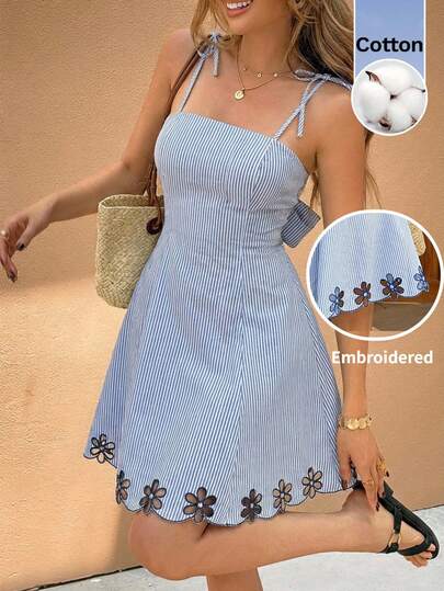 Serisse Đầm hai dây hở lưng, thắt dây, kiểu dáng thường ngày, kẻ sọc, thêu rỗng, dành cho nữ, thích hợp cho kỳ nghỉ.