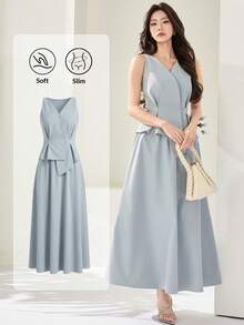 Heiryn Women's Elegant Commuter Solid Color Waist Cinched Sleeveless Top And Skirt 2-Piece Set - Blue - View 1