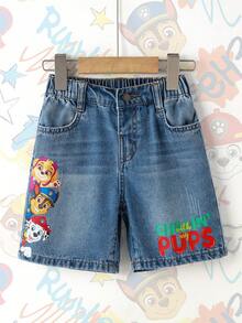 SHEIN | PAW Patrol 1pc Boy Casual Cartoon & Letter Print Denim Shorts, Comfortable Elastic Waist Versatile Jeans Shorts - Blue - View 1