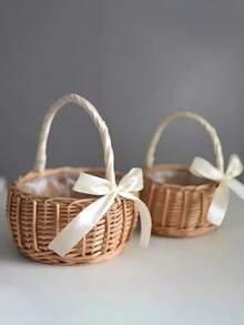 Handwoven Wicker Basket Boho Picnic Tote Rustic Farmhouse Decor Table Centerpiece Natural Fiber Home Storage Tableware Organizer - White - View 2