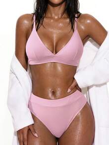 Oceva Ensemble de bikini sexy unicolore pour femmes pour l'été à la plage, sans fil - Rose pâle - Voir 4