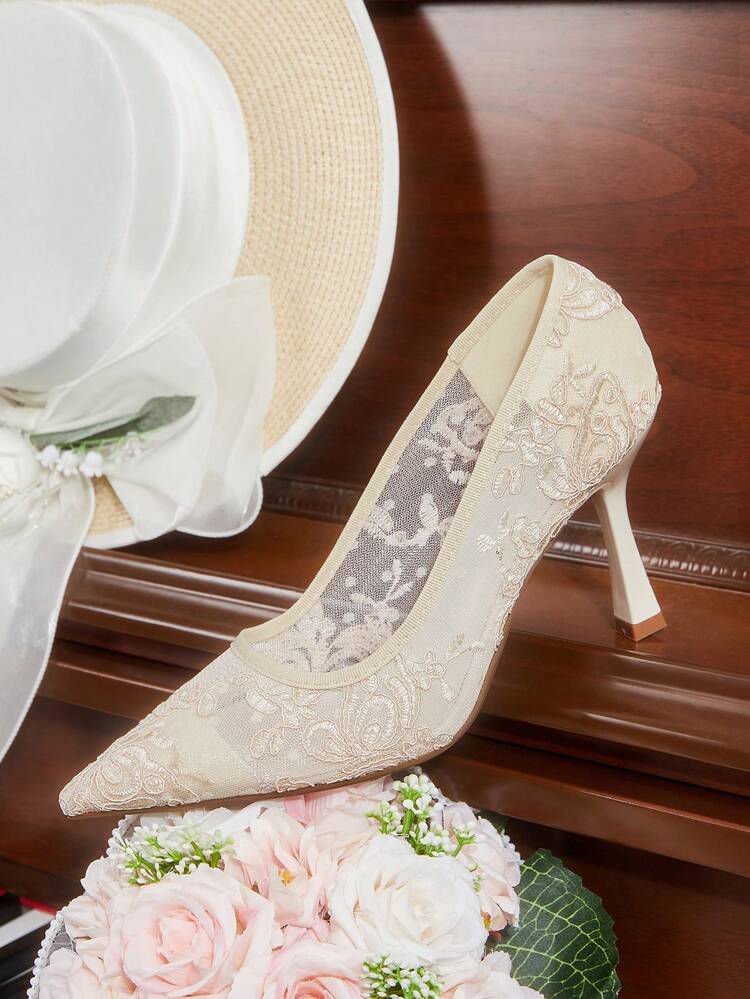 CUCCOO HITCHD Women Shoes Pointed Thin High Heel Light Apricot Lace Mesh Sexy And Comfortable Daily Versatile Women's High Heel Shoes Simple Temperament Fashion Party Wedding Banquet Women's Shoes