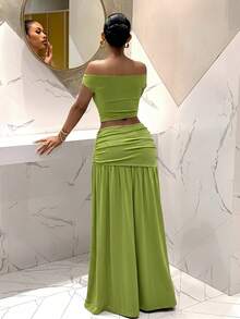 Slaydiva 春夏度假、海滨风情、优雅浪漫、性感派对、约会、生日派对、婚礼季，游艇之旅的完美之选。露肩收腰褶皱T恤搭配A字长裙。绿色女士两件套 - E - 綠色 - 查看 3