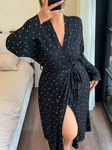Napfluff CURVE Napfluff CURVE Plus Size Women's Knitted Ribbed Fabric Heart Print Cute Sweet Casual Minimalist Long Sleeve Sleepwear Robe, Black - Black - View 1