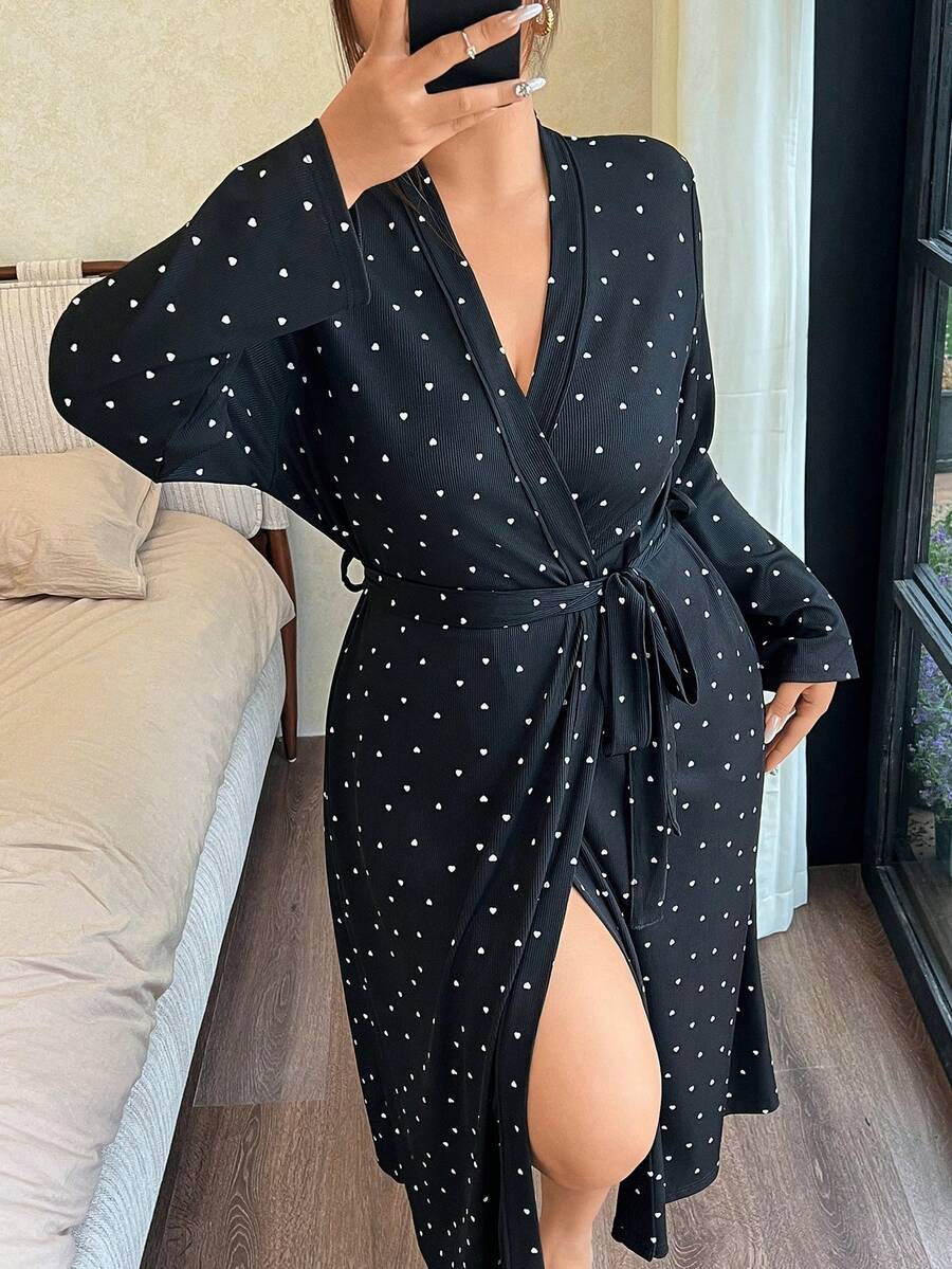 Napfluff CURVE Napfluff CURVE Plus Size Women's Knitted Ribbed Fabric Heart Print Cute Sweet Casual Minimalist Long Sleeve Sleepwear Robe, Black - Black - View 1