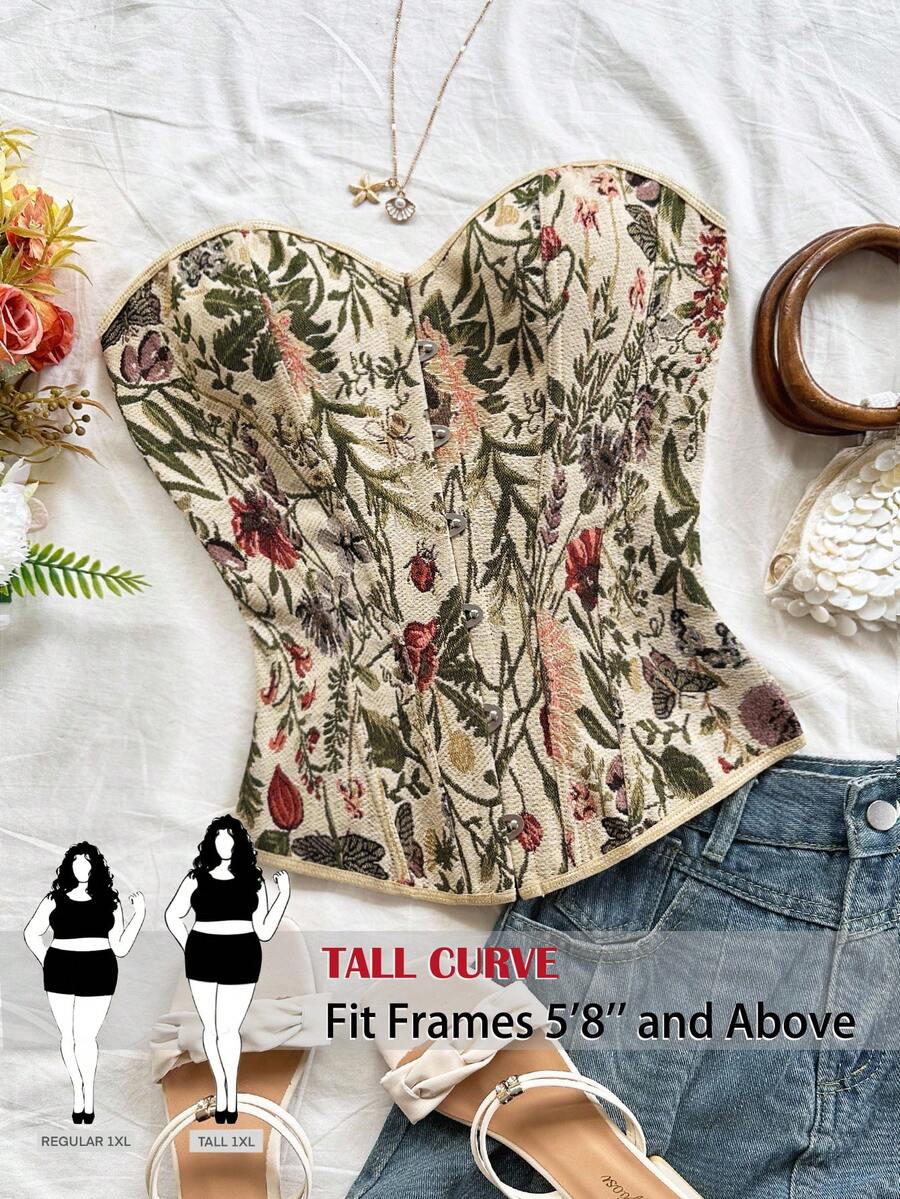 SHEIN Tall CURVE 大码女式印花休闲百搭日常穿搭抹胸上衣 - 彩色 - 查看 1